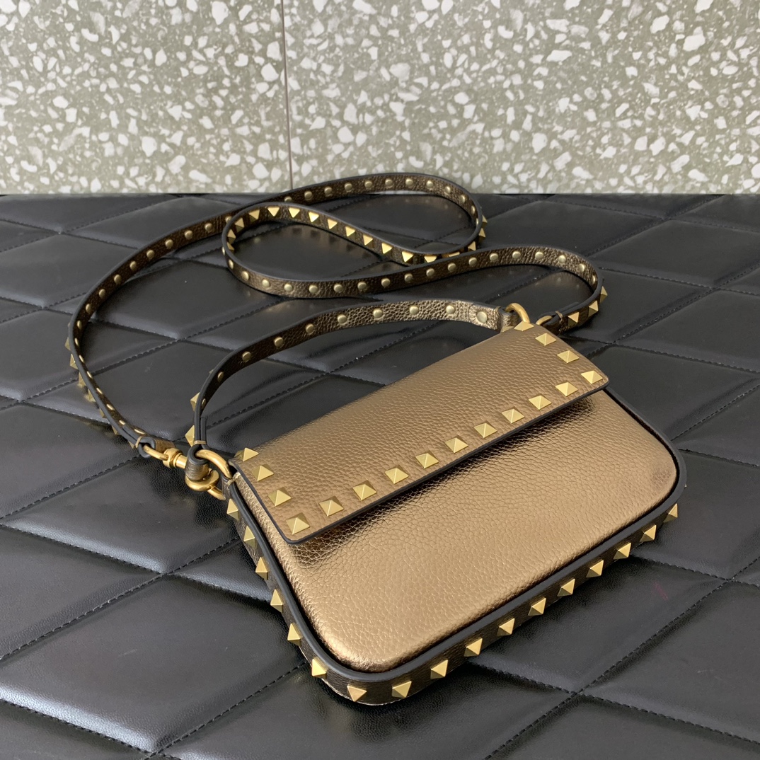 Valentino Garavani Rockstud Small Shoulder Bag in Gold Grainy Calfskin